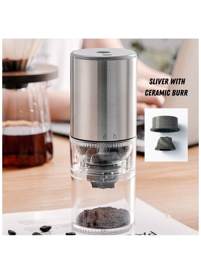 Electric automatic portable coffee grinder with ceramic burr - silver