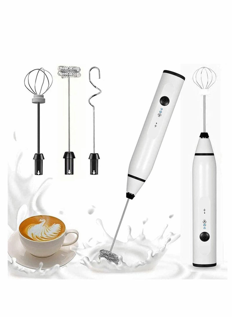 Milk Frother, 3 Speeds Electric Handheld Foam Make, USB Rechargeable with Stainless Whisk, for Coffee, Latte, Cappuccino, Chocolate, Milk Tea, Coconut Milk, Durable Frother Mixer (White)