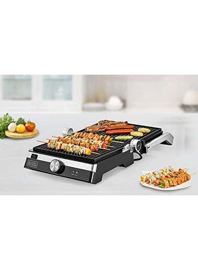 Family Health Grill with 180° Hinge, 2000W, 1500cm² BBQ Area, 5-Level Height Adjustment, Variable Temperature Control, and Drip Tray 2000 W CG2000-B5 Black/Silver