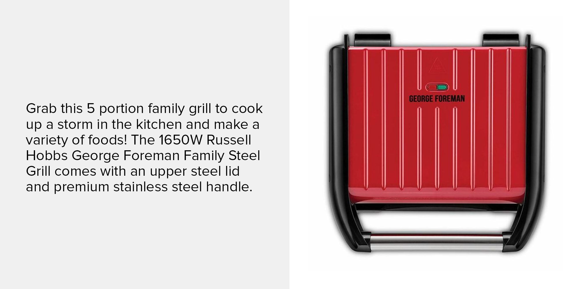 Medium Electric Indoor Grill, 75cm Cord, Non-Stick, Adjustable Cooking Options 1650 W 25040 Red/Black