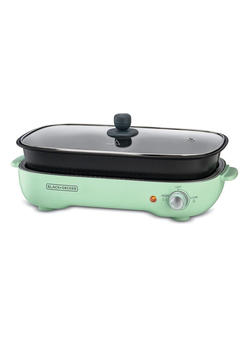 Multifunction Grill, 4.0L Family-sized, Dual Pattern Grill Plate, 3 Interchangeable Non-stick Detachable Pans with Hotpot, For Grilling, Baking, Frying 1400 W GMF1400-B5 Mint Green