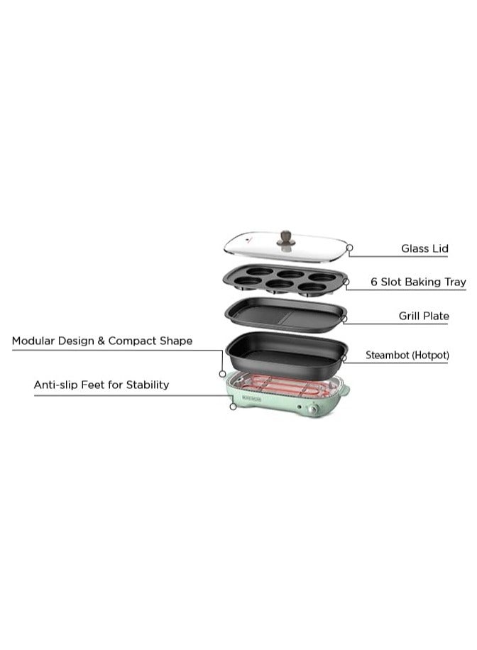 Multifunction Grill, 4.0L Family-sized, Dual Pattern Grill Plate, 3 Interchangeable Non-stick Detachable Pans with Hotpot, For Grilling, Baking, Frying 1400 W GMF1400-B5 Mint Green