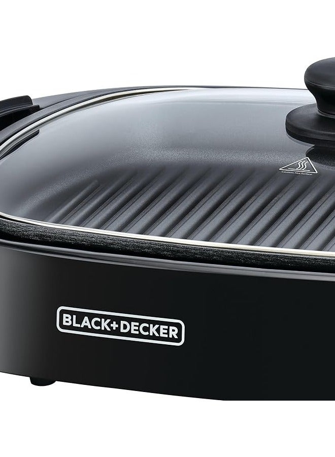 Electric Health Grill, 1500W, Large Non-Stick Griddle With Glass Lid, Family Size, 5-Level Temp Control, Cool-Touch Handles, Efficient Fat Draining, Dishwasher Safe 1500 W GH1500-B5 Black