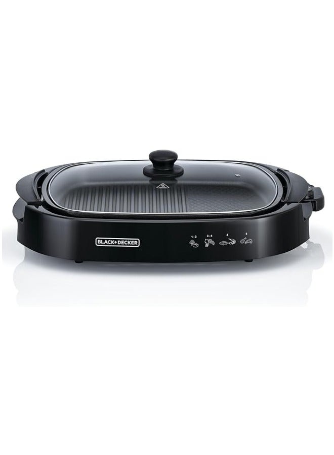 Electric Health Grill, 1500W, Large Non-Stick Griddle With Glass Lid, Family Size, 5-Level Temp Control, Cool-Touch Handles, Efficient Fat Draining, Dishwasher Safe 1500 W GH1500-B5 Black