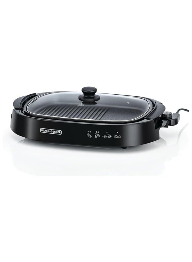 Electric Health Grill, 1500W, Large Non-Stick Griddle With Glass Lid, Family Size, 5-Level Temp Control, Cool-Touch Handles, Efficient Fat Draining, Dishwasher Safe 1500 W GH1500-B5 Black