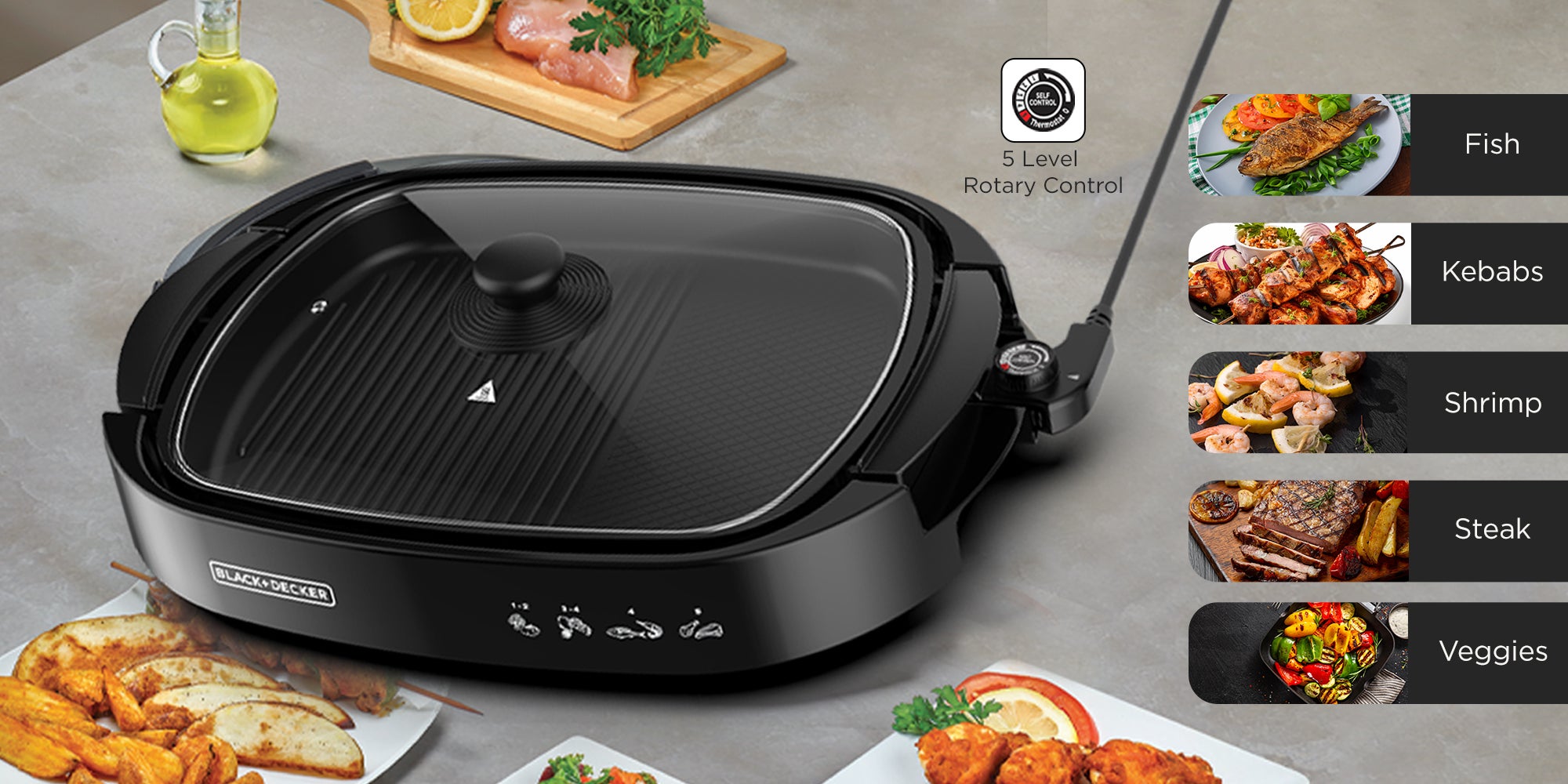 Electric Health Grill, 1500W, Large Non-Stick Griddle With Glass Lid, Family Size, 5-Level Temp Control, Cool-Touch Handles, Efficient Fat Draining, Dishwasher Safe 1500 W GH1500-B5 Black