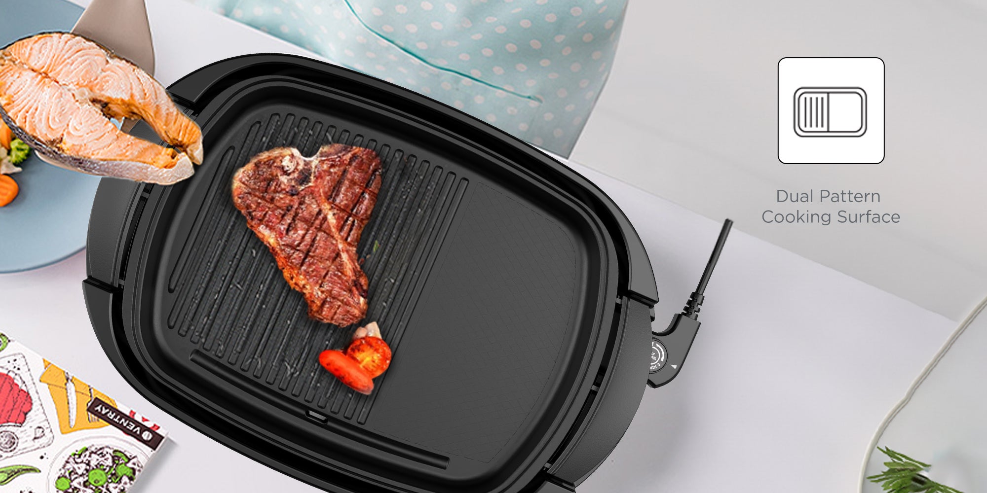 Electric Health Grill, 1500W, Large Non-Stick Griddle With Glass Lid, Family Size, 5-Level Temp Control, Cool-Touch Handles, Efficient Fat Draining, Dishwasher Safe 1500 W GH1500-B5 Black