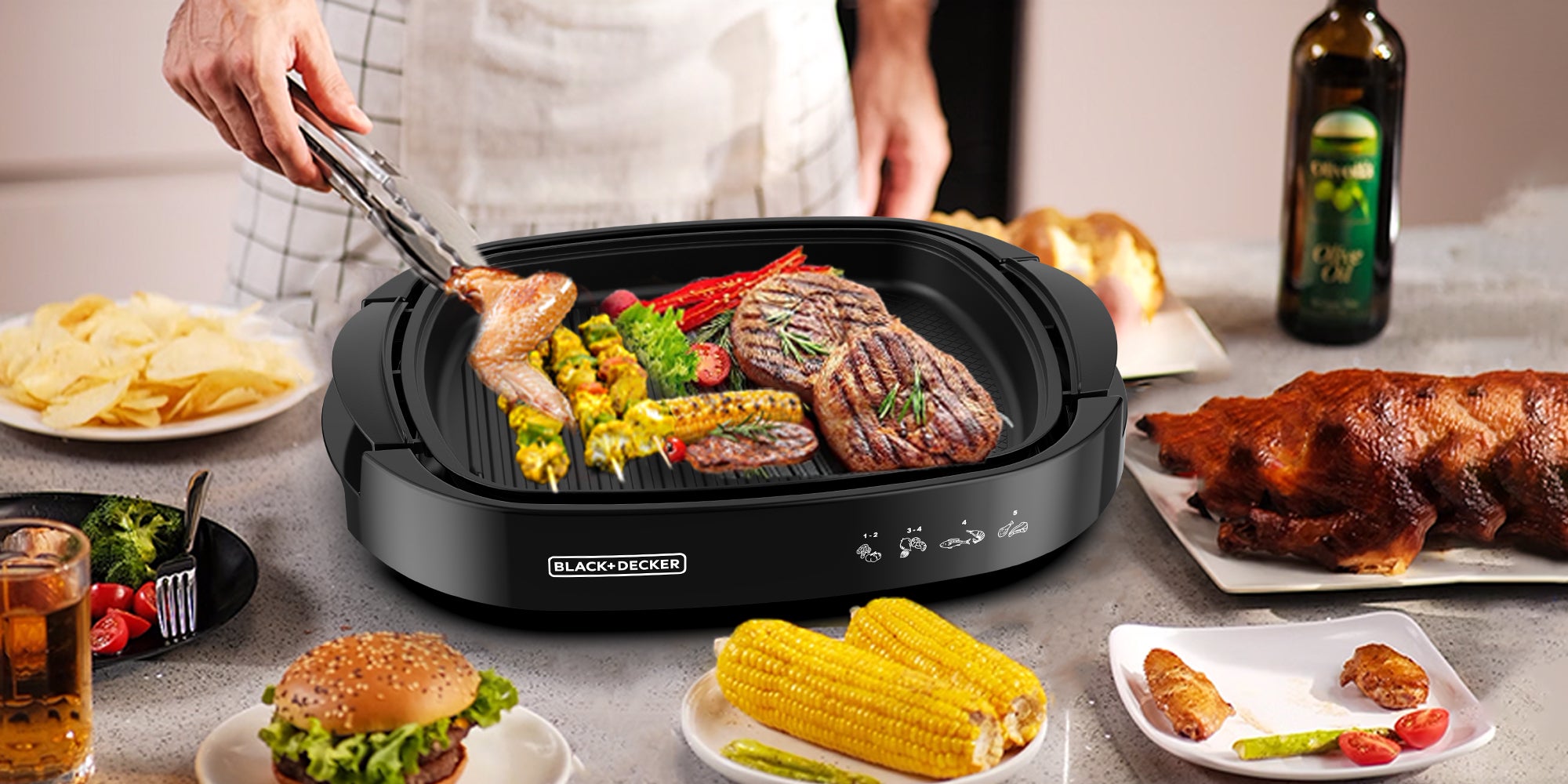 Electric Health Grill, 1500W, Large Non-Stick Griddle With Glass Lid, Family Size, 5-Level Temp Control, Cool-Touch Handles, Efficient Fat Draining, Dishwasher Safe 1500 W GH1500-B5 Black