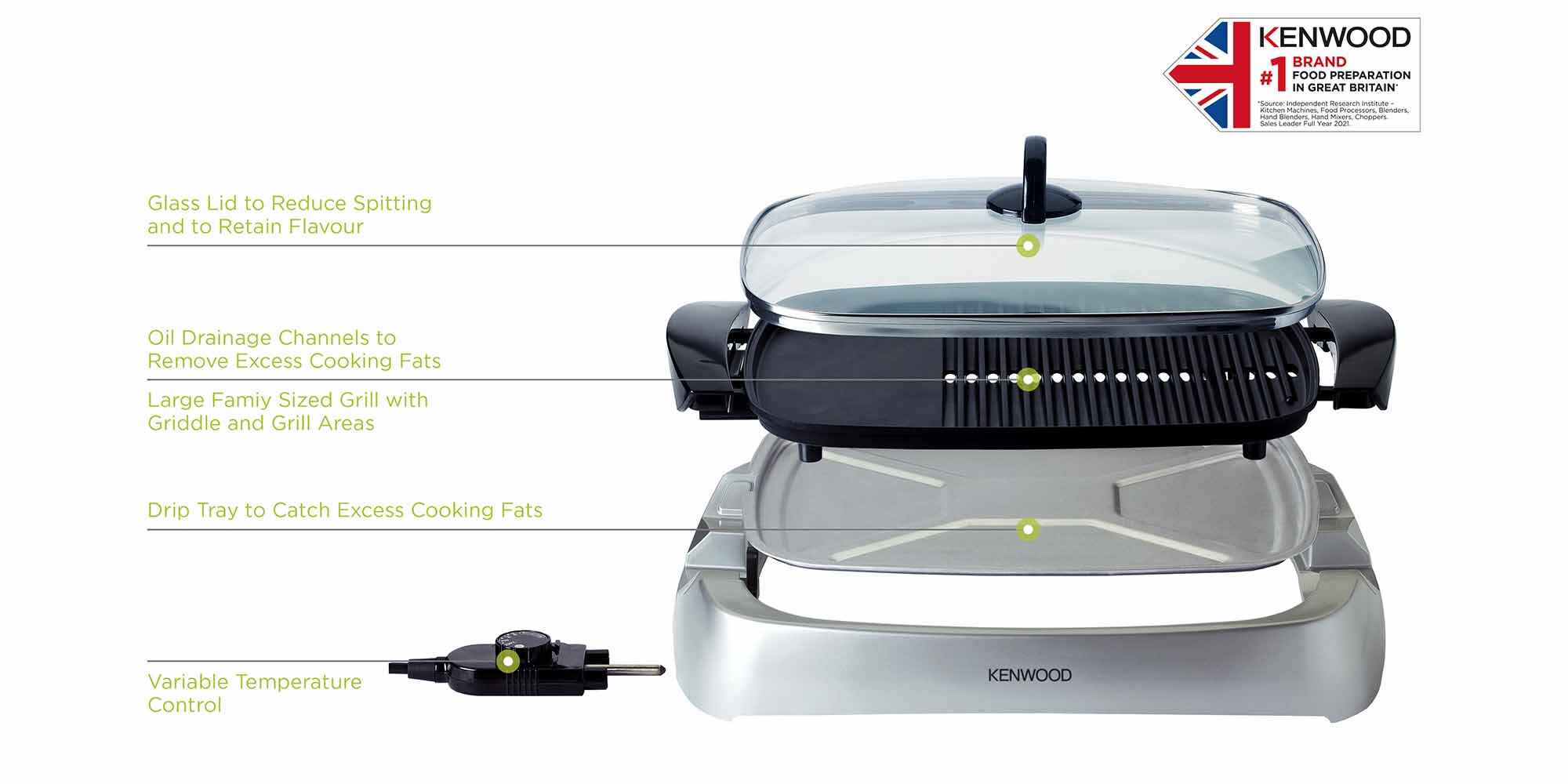 Health Grill, Glass Lid, Variable Temperature Control, Drip Tray, Oil Draining Channels, 2000 W HG266 Silver/Black