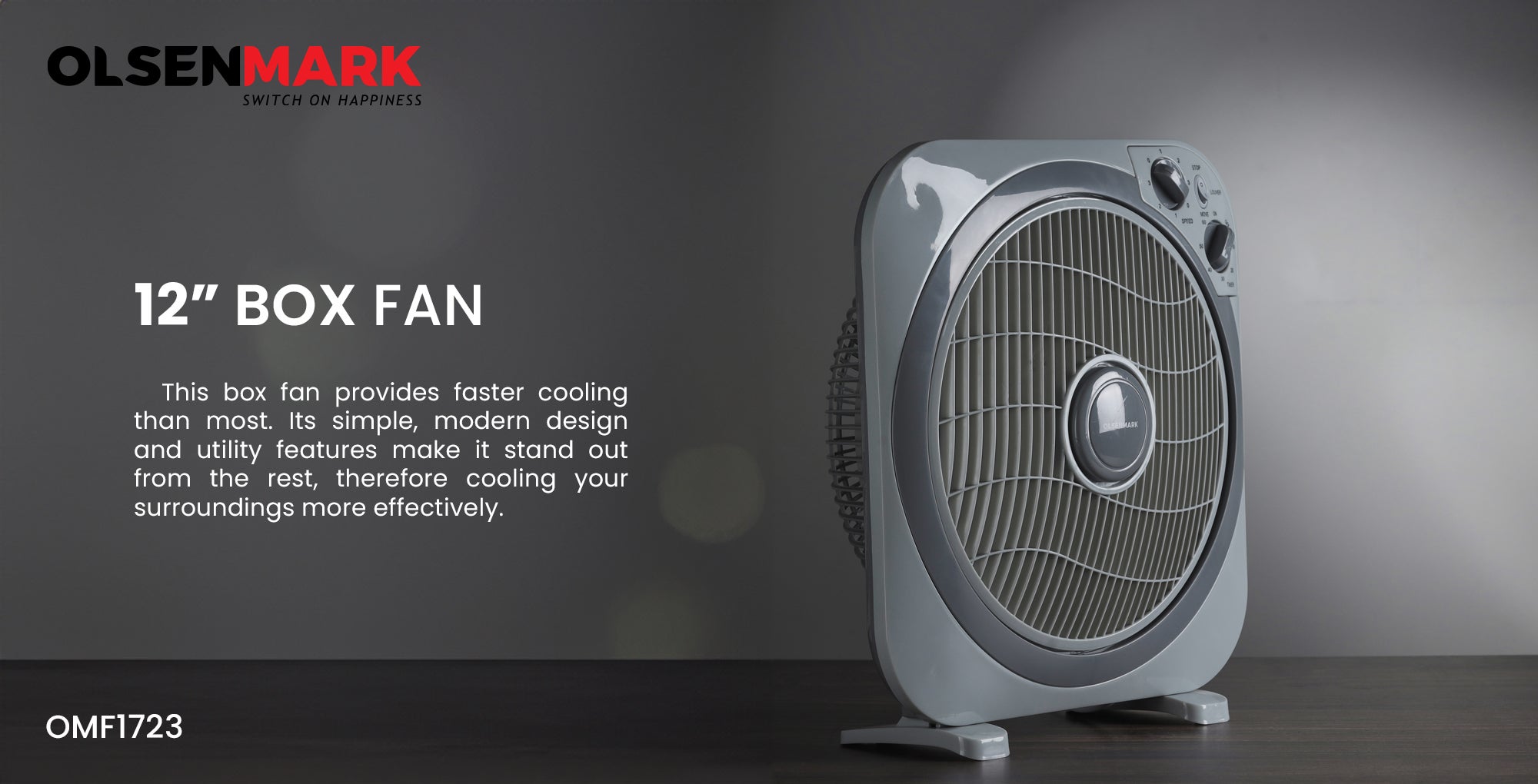 12 inch Box Fan OMF1723N, 3 Speed Control, 60 minutes timer, Powerful Personal Desk Box Fan With Copper Motor, Table Fan for Office, Home (3 Speed) Fan Guard OMF1723 Grey