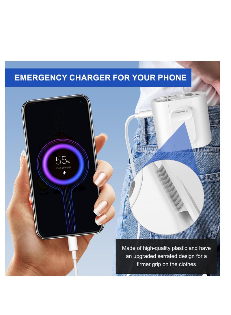 Mini Portable Waist Fan with Display, Clip on Belt Fan with Flashlight, 8000mAh Rechargeable Body Fan, Personal Shirt Fan Clip for Camping, Hiking, Gardening, Outdoor Working, Farm, White