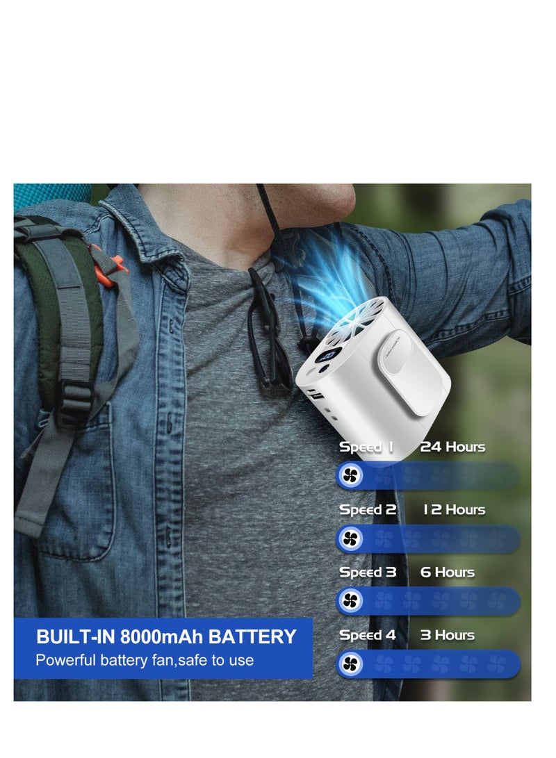 Mini Portable Waist Fan with Display, Clip on Belt Fan with Flashlight, 8000mAh Rechargeable Body Fan, Personal Shirt Fan Clip for Camping, Hiking, Gardening, Outdoor Working, Farm, White