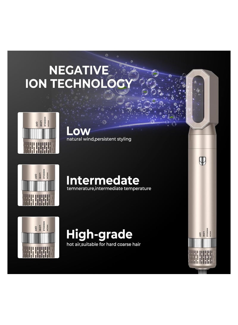 6 in 1 Hot Air Hair Brush, Hair Straightener Brush, 60000RPM Powerful Negative Ionic Blow Dryer, with 3 Temp Left&Right Air Curler Wand, 1000W Thermal Air Brush, Style Volumizing Brush Gold Black