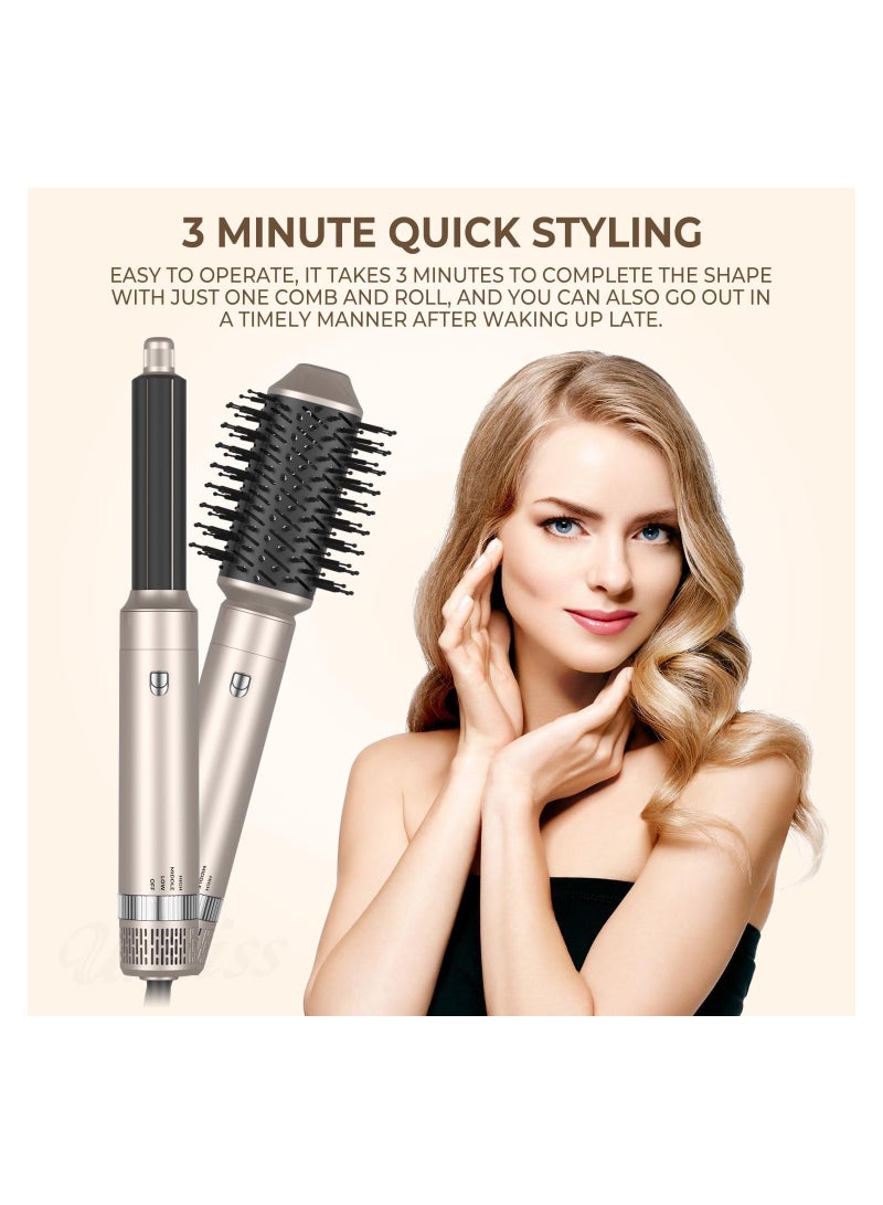6 in 1 Hot Air Hair Brush, Hair Straightener Brush, 60000RPM Powerful Negative Ionic Blow Dryer, with 3 Temp Left&Right Air Curler Wand, 1000W Thermal Air Brush, Style Volumizing Brush Gold Black