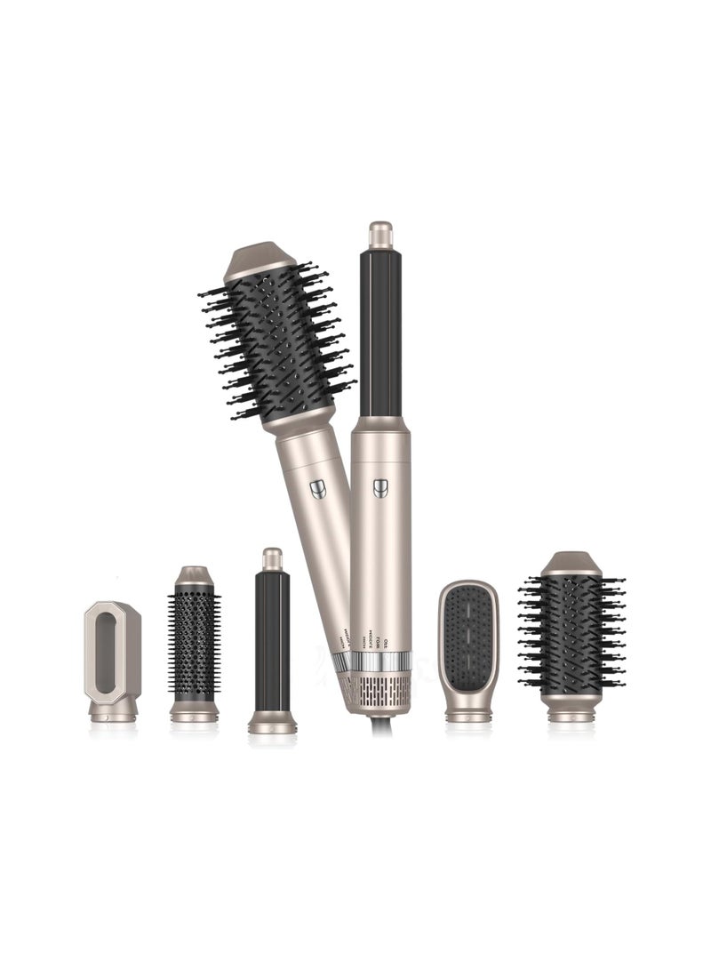 6 in 1 Hot Air Hair Brush, Hair Straightener Brush, 60000RPM Powerful Negative Ionic Blow Dryer, with 3 Temp Left&Right Air Curler Wand, 1000W Thermal Air Brush, Style Volumizing Brush Gold Black