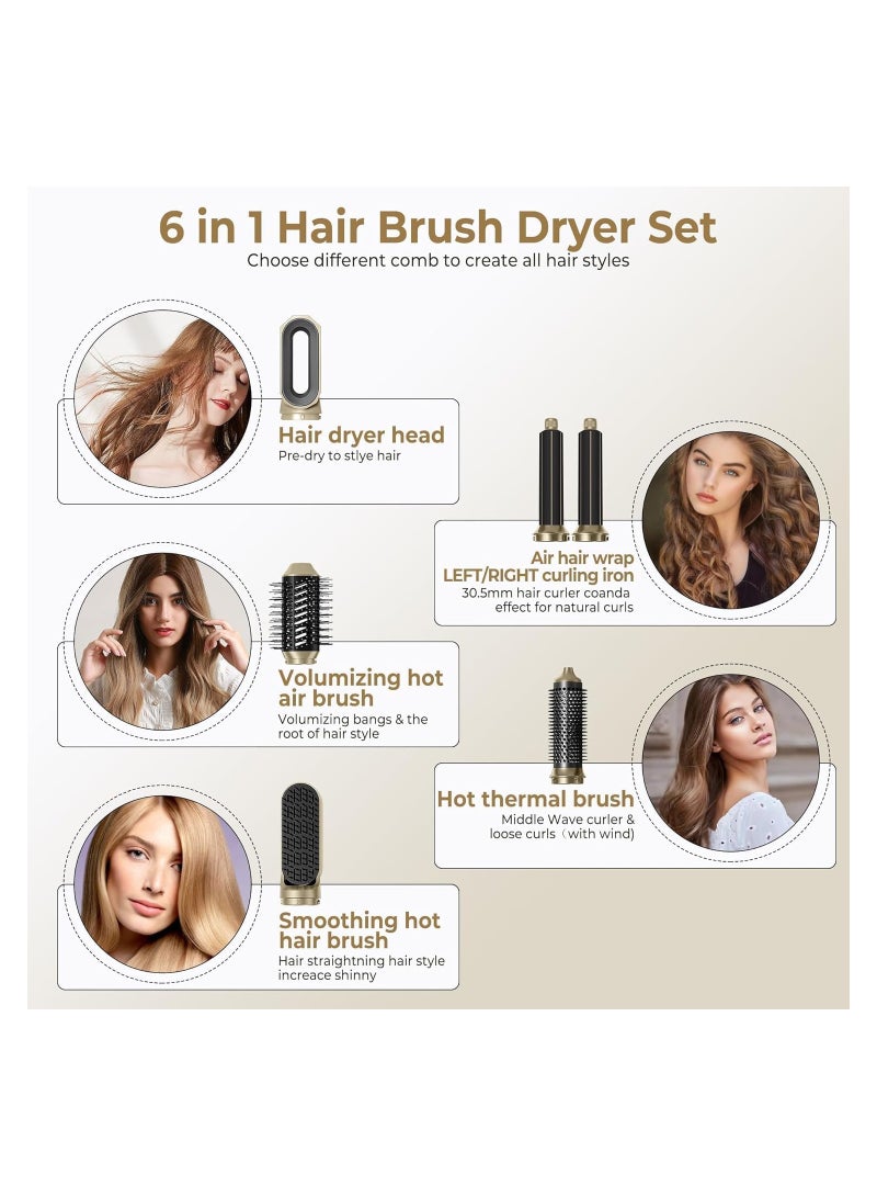 6 in 1 Hot Air Hair Brush, Hair Straightener Brush, 60000RPM Powerful Negative Ionic Blow Dryer, with 3 Temp Left&Right Air Curler Wand, 1000W Thermal Air Brush, Style Volumizing Brush Gold Black