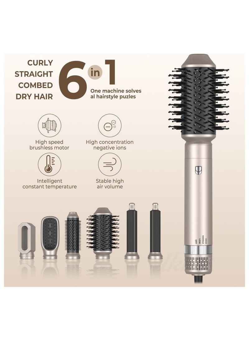 6 in 1 Hot Air Hair Brush, Hair Straightener Brush, 60000RPM Powerful Negative Ionic Blow Dryer, with 3 Temp Left&Right Air Curler Wand, 1000W Thermal Air Brush, Style Volumizing Brush Gold Black