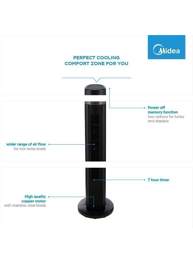 Midea Tower Fan with Multifunction Remote Control, 3 Wind modes-Natural | Slumberous & Normal, Three Dimensional Angle Air Flow, 15 Hours Timer Perfectly Suitable for Home or Office FZ1018TRB Black