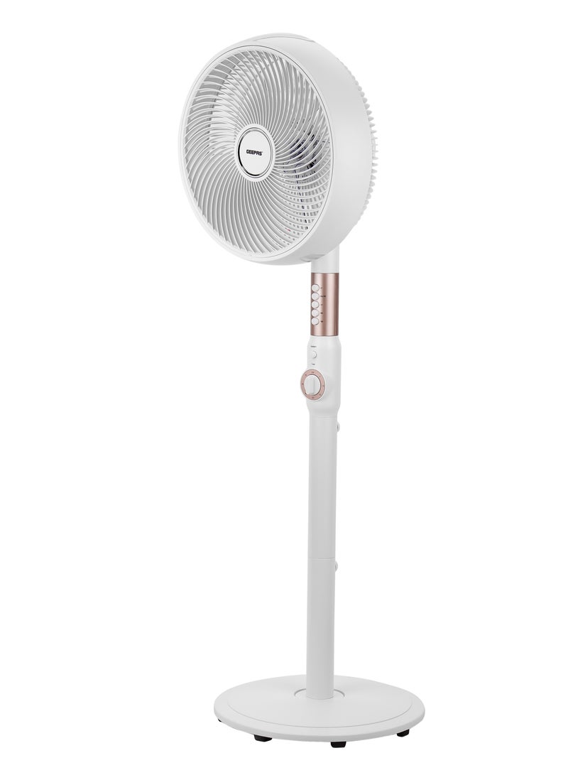 14 Inches Stand Fan With ABS Circulator Head, AS 5 Fins Blade,, 2 Hours Timer, ABS Body, Wide Angle Oscillation, Chrome & Silver Painting decoration, Base With Heavy Rubber 60 W GF21204 White