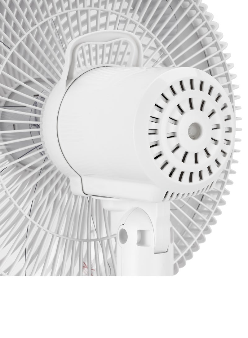 14 Inches Stand Fan With ABS Circulator Head, AS 5 Fins Blade,, 2 Hours Timer, ABS Body, Wide Angle Oscillation, Chrome & Silver Painting decoration, Base With Heavy Rubber 60 W GF21204 White