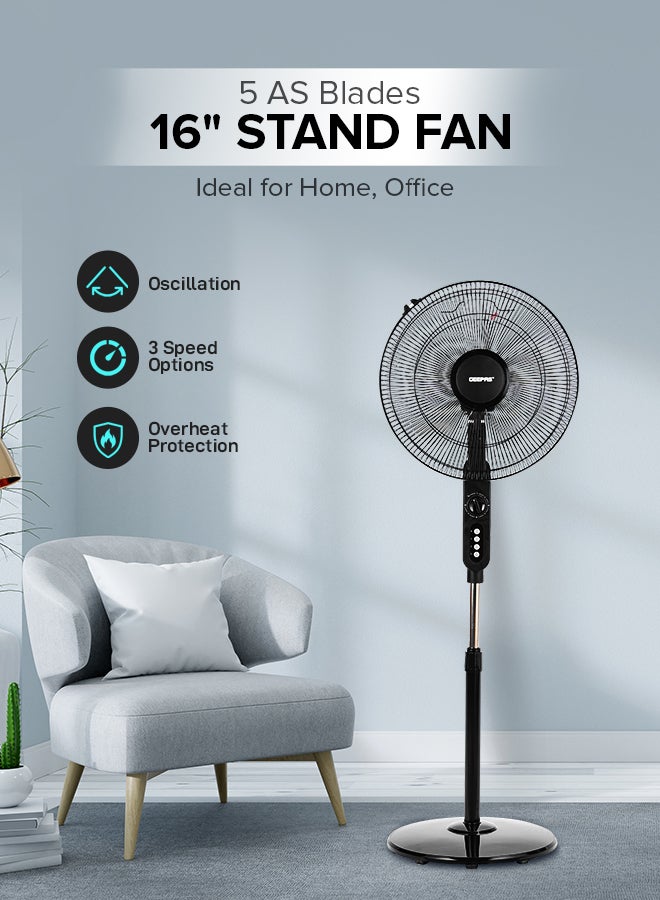 Stand Fan 3 Speed 5 Leaf blade Horizontal oscillation Adjustable height and tilt setting Built in timer 60 W GF9488N Multicolour