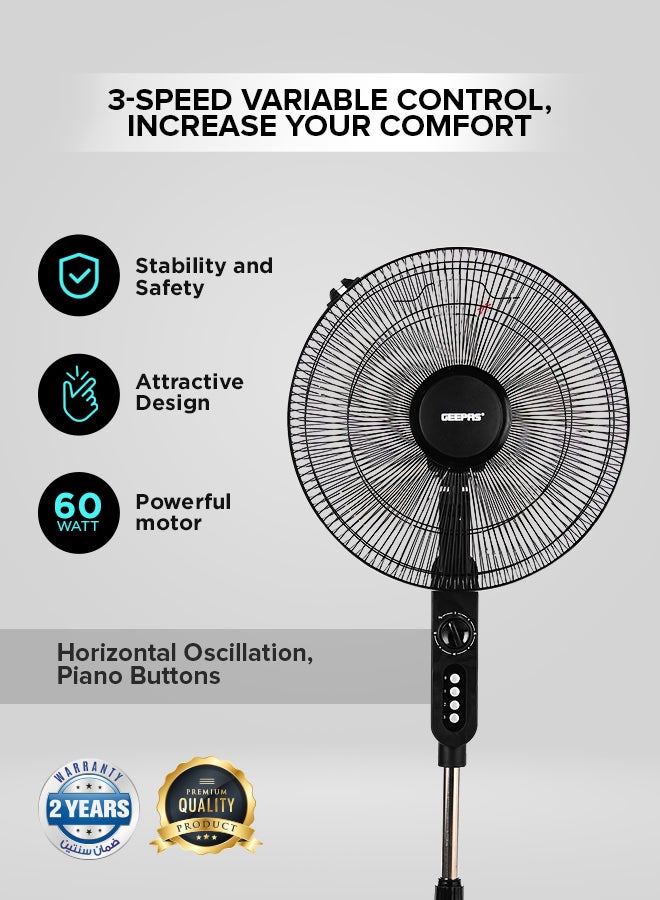 Stand Fan 3 Speed 5 Leaf blade Horizontal oscillation Adjustable height and tilt setting Built in timer 60 W GF9488N Multicolour