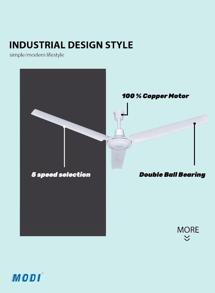 MODI 56 Inch 3-Blade Indoor Ceiling Fan with 5-Speed Remote Control, White Metal Finish, Quiet Motor - Ideal for Home, Office, Bedroom