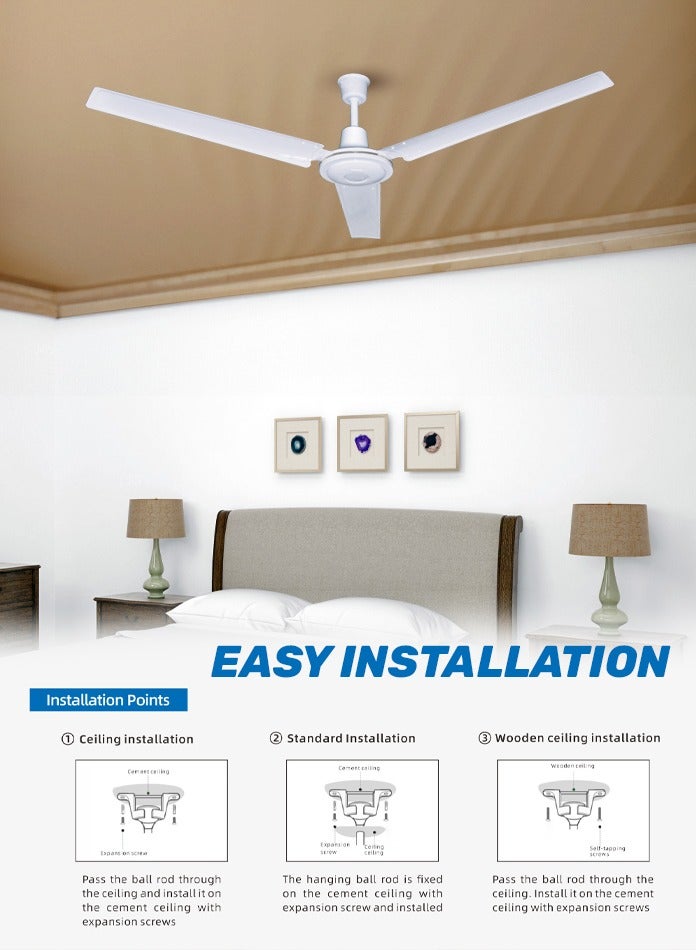 MODI 56 Inch 3-Blade Indoor Ceiling Fan with 5-Speed Remote Control, White Metal Finish, Quiet Motor - Ideal for Home, Office, Bedroom