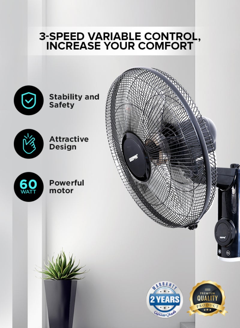 16 Inch Wall Fan With Remote Control,3 Speed Options, 5 Pcs AS Blade, 12 Hours Timer Wide Oscillation and Oveheat Protection Durable Metal Grill 60 W GF9479N Black