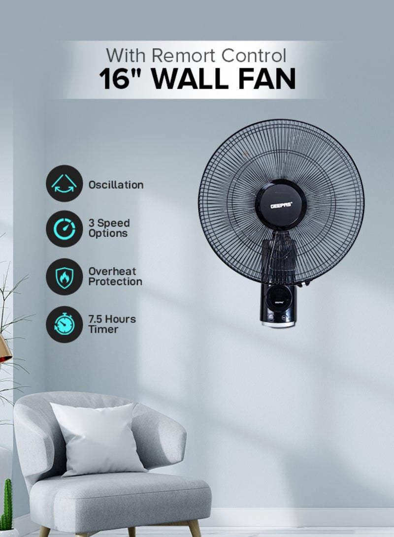 16 Inch Wall Fan With Remote Control,3 Speed Options, 5 Pcs AS Blade, 12 Hours Timer Wide Oscillation and Oveheat Protection Durable Metal Grill 60 W GF9479N Black