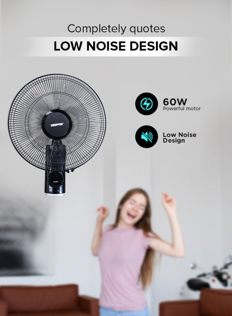 16 Inch Wall Fan With Remote Control,3 Speed Options, 5 Pcs AS Blade, 12 Hours Timer Wide Oscillation and Oveheat Protection Durable Metal Grill 60 W GF9479N Black