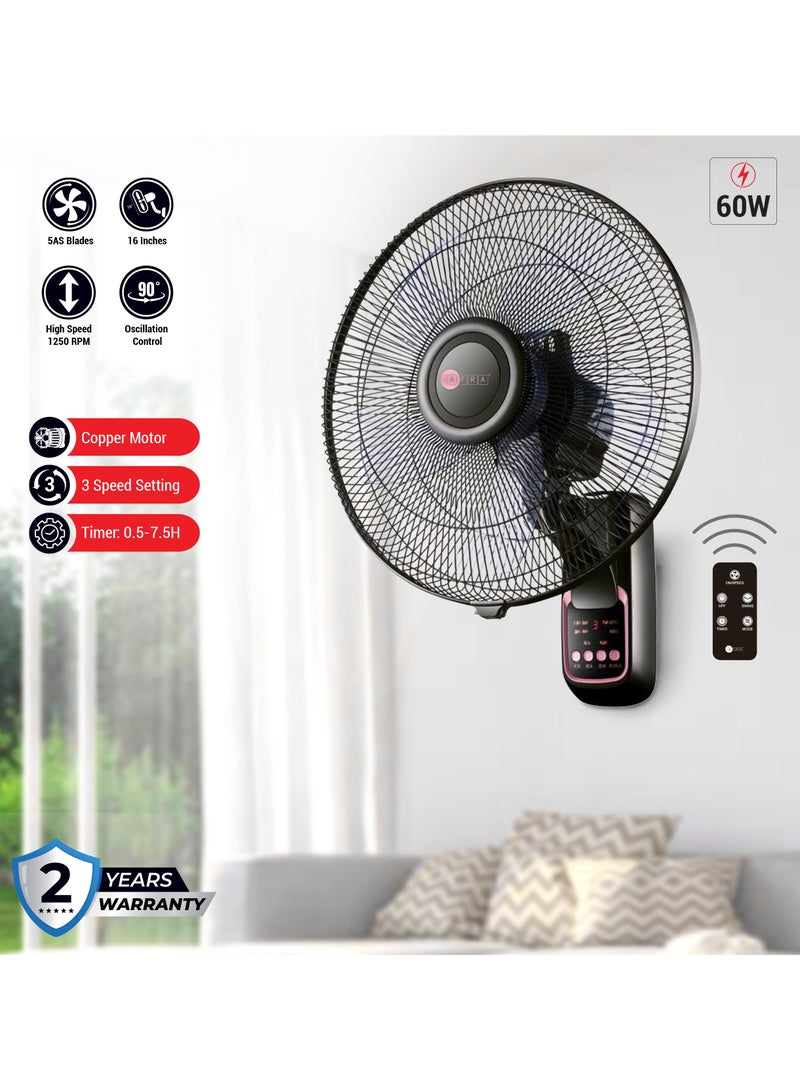 AFRA Wall Mount Fan, 16 Inch, 60w, 5.5m3/min Flow Rate, 90° Oscillation, RPM 1250 with Remote 3 Speed Controller, Black & Rose Gold, AF-1612WFBG, 2 Year Warranty 60 W AF-1612WFBG black