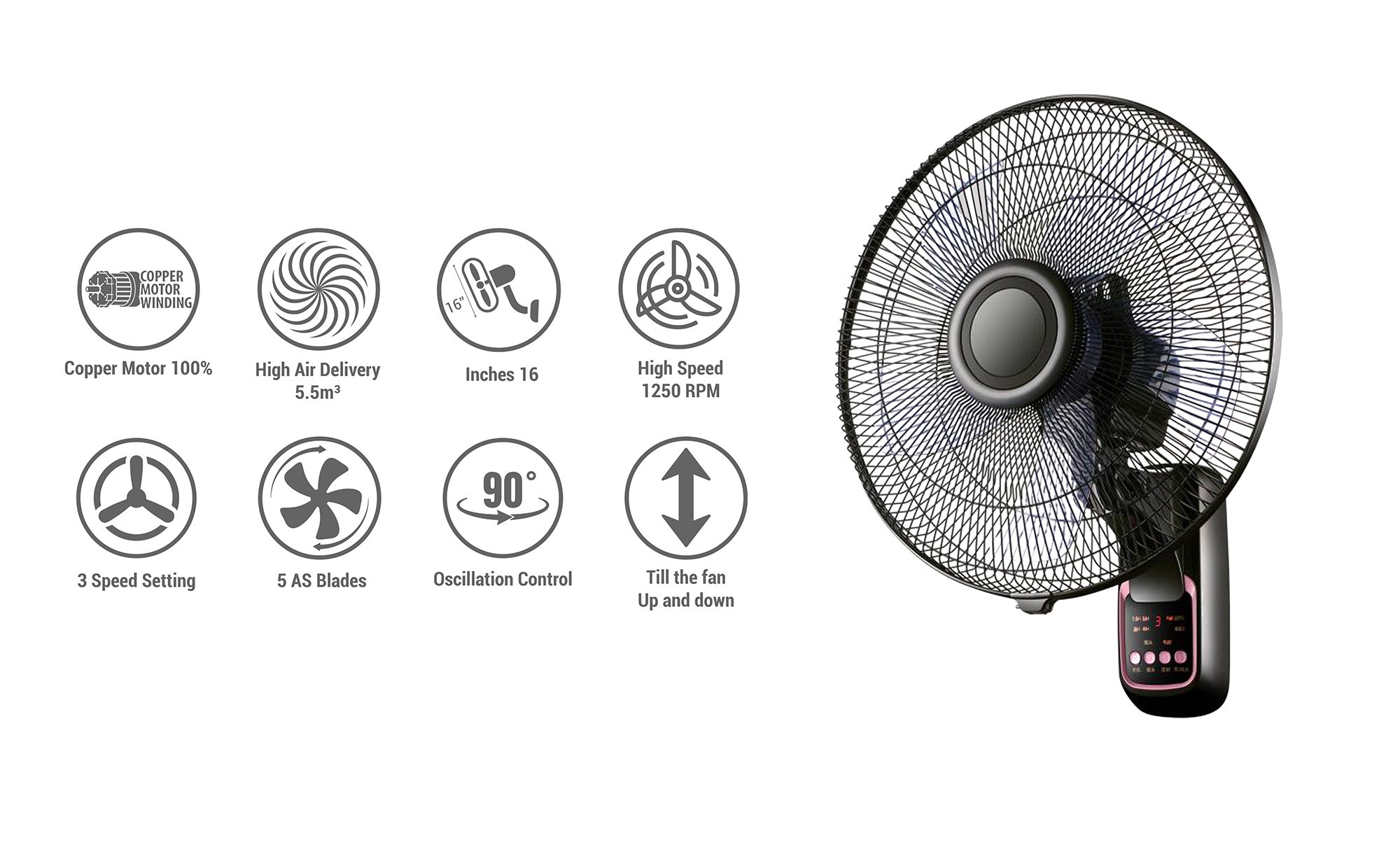 AFRA Wall Mount Fan, 16 Inch, 60w, 5.5m3/min Flow Rate, 90° Oscillation, RPM 1250 with Remote 3 Speed Controller, Black & Rose Gold, AF-1612WFBG, 2 Year Warranty 60 W AF-1612WFBG black