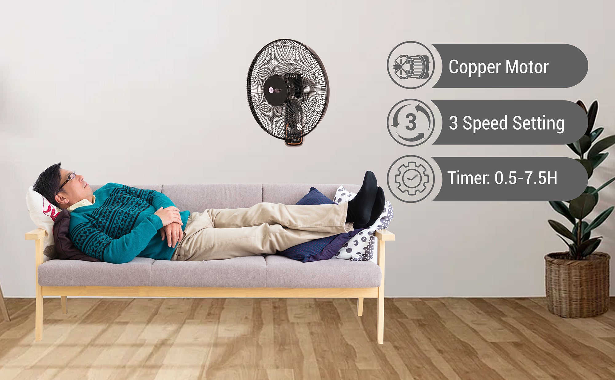 AFRA Wall Mount Fan, 16 Inch, 60w, 5.5m3/min Flow Rate, 90° Oscillation, RPM 1250 with Remote 3 Speed Controller, Black & Rose Gold, AF-1612WFBG, 2 Year Warranty 60 W AF-1612WFBG black