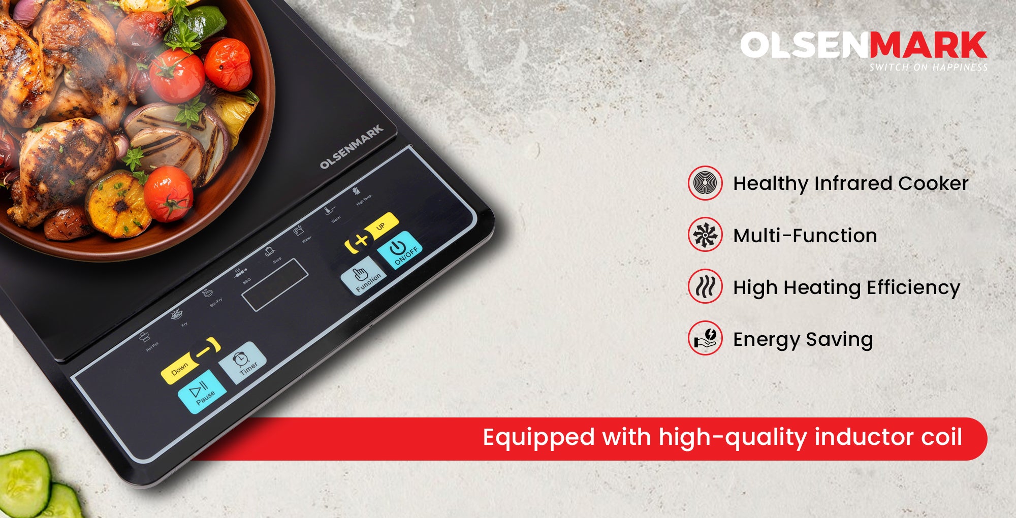 Digital Control Electric Infrared Cooker, Single Cooking Hob, Burner With Adjustable Temperature, Energy Saving/ Touch Control, 20 Settings, Stainless Steel Body and Tempered Glass Panel, 2 Years Warranty 2200 W OMIC2092M Black/Red