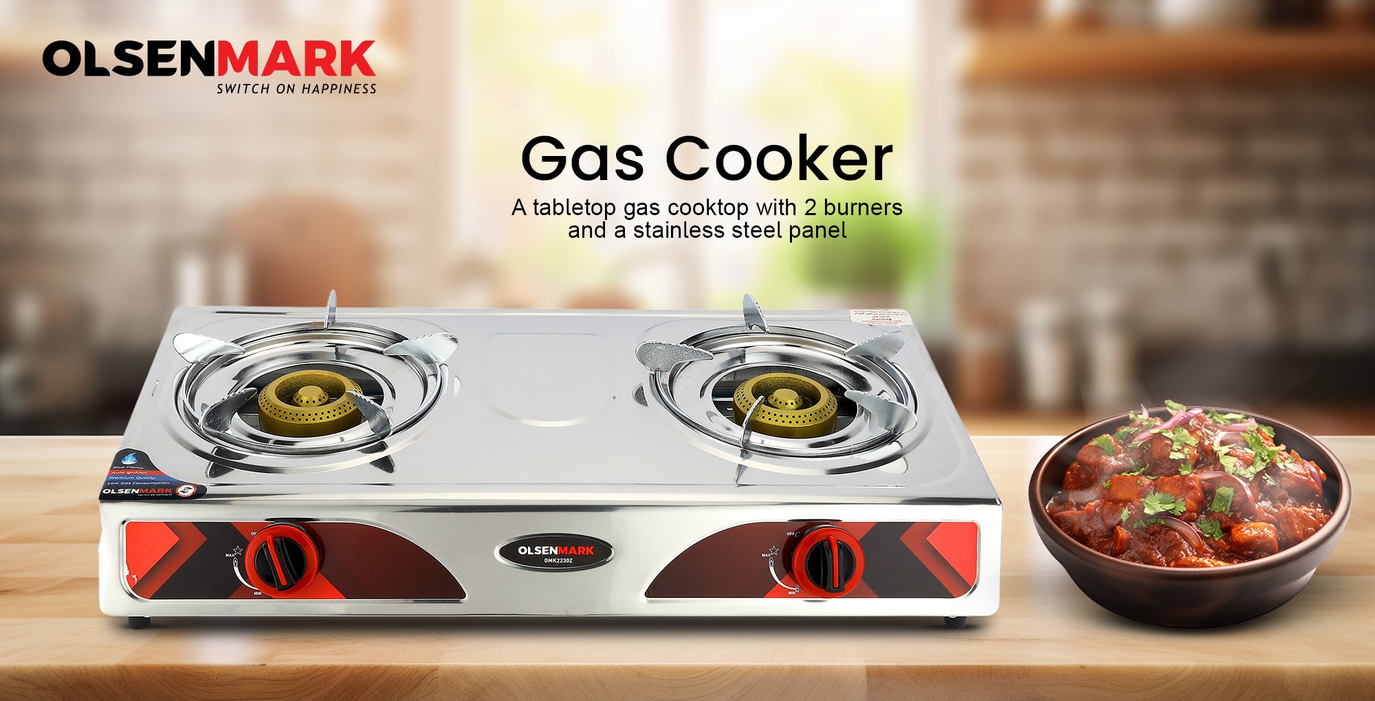 Double Burner Stainless Steel Gas Cooker OMK2230Z , Enamal Grate And Black Knob, Auto-Ignition Gas Cooker, Electroplated Pan Support, Low Gas Consumption And Efficient Burners OMK2230Z Silver