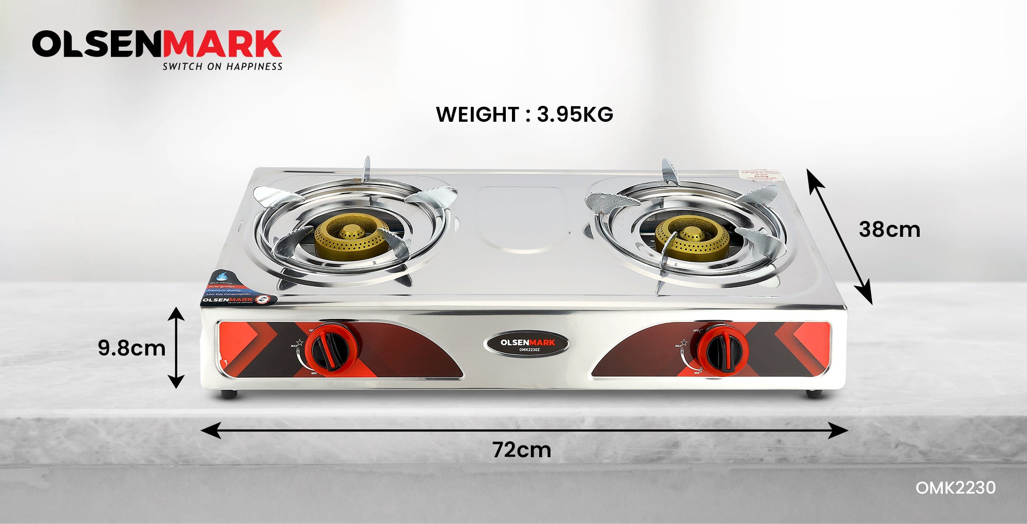 Double Burner Stainless Steel Gas Cooker OMK2230Z , Enamal Grate And Black Knob, Auto-Ignition Gas Cooker, Electroplated Pan Support, Low Gas Consumption And Efficient Burners OMK2230Z Silver