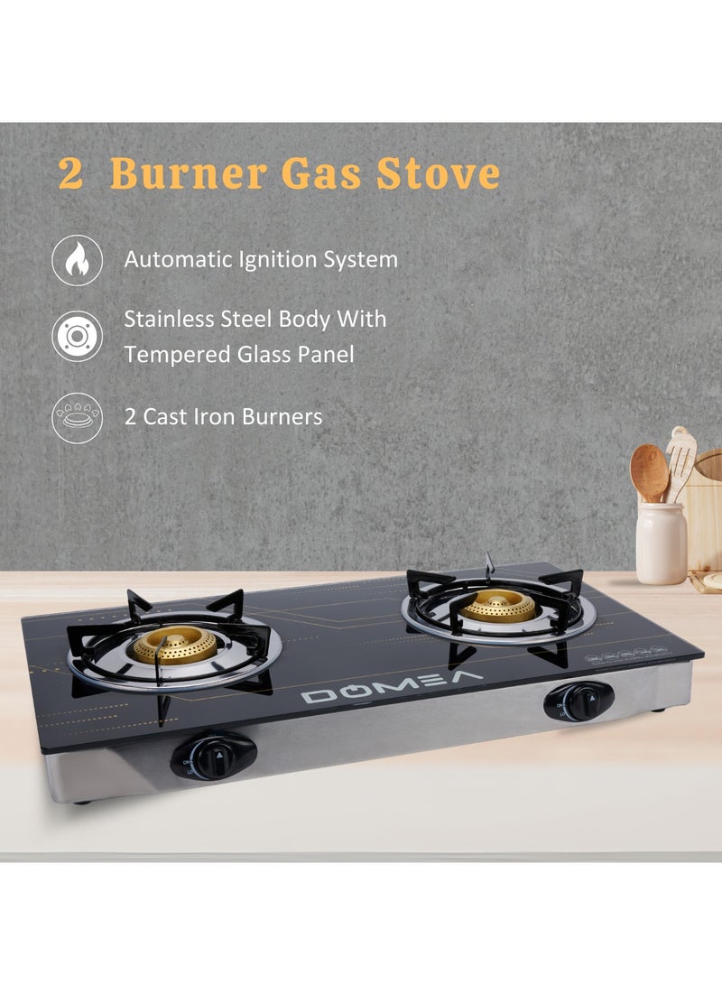 Gas Burner With Auto Ignition, 2 Burners Stove, With Tempered Glass Top, Perfect For Home, Apartments