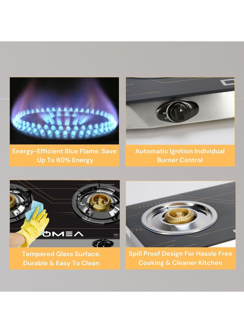 Gas Burner With Auto Ignition, 2 Burners Stove, With Tempered Glass Top, Perfect For Home, Apartments