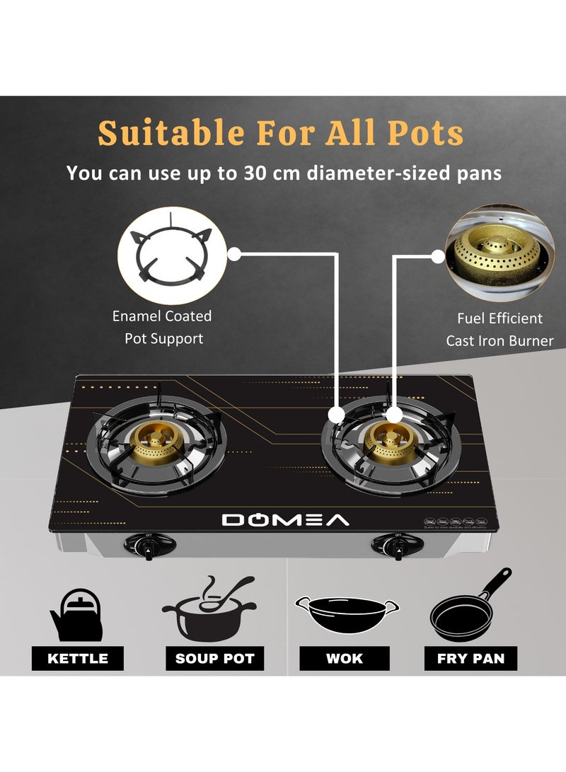 Gas Burner With Auto Ignition, 2 Burners Stove, With Tempered Glass Top, Perfect For Home, Apartments