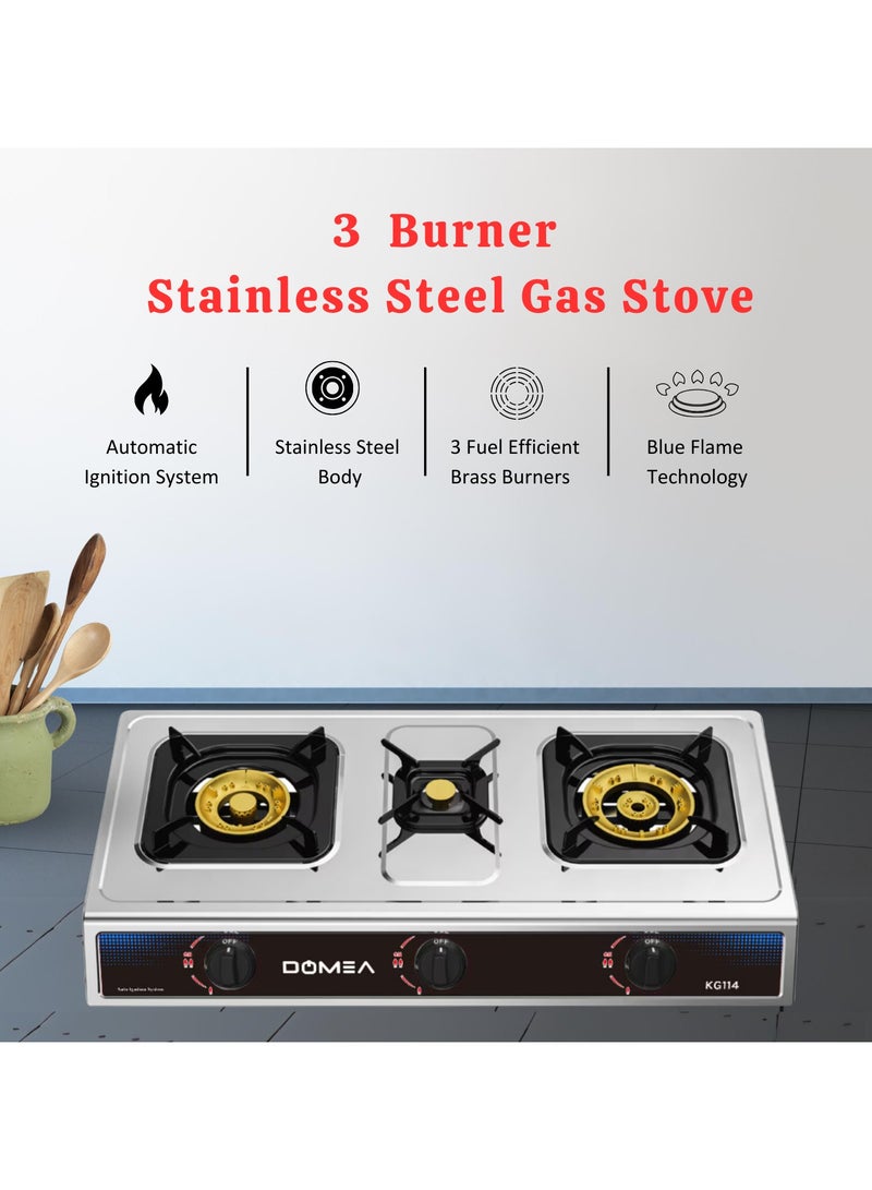 Stainless Steel Gas Burner With Auto Ignition | 3 Burners Stove, Brass Burner With Convenient Pot Holders, 60% Gas Save, Perfect For Home, Apartments, Parties, Outdoors | Table Top, Portable