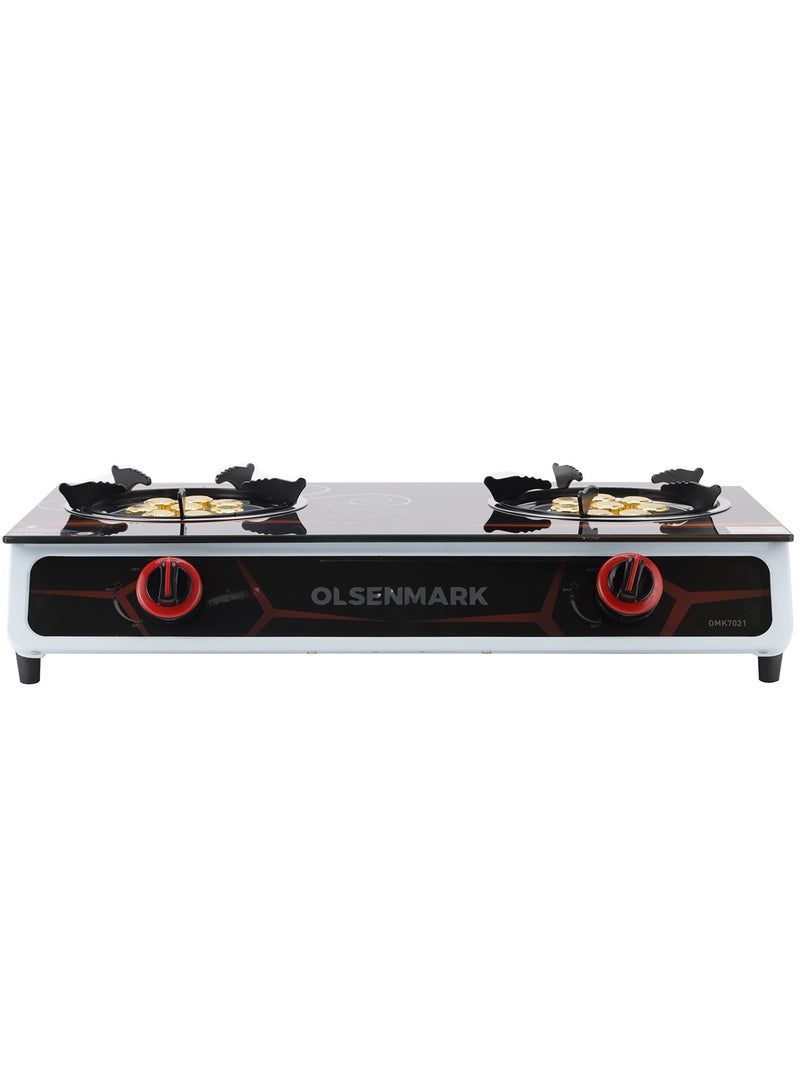 Gas Cooker Tempered Glass Top Panel, Double Burner with Blue Flame, Stainless Steel Water Tray, Low Energy Consumption and Automatic Ignition System OMK7021 Black