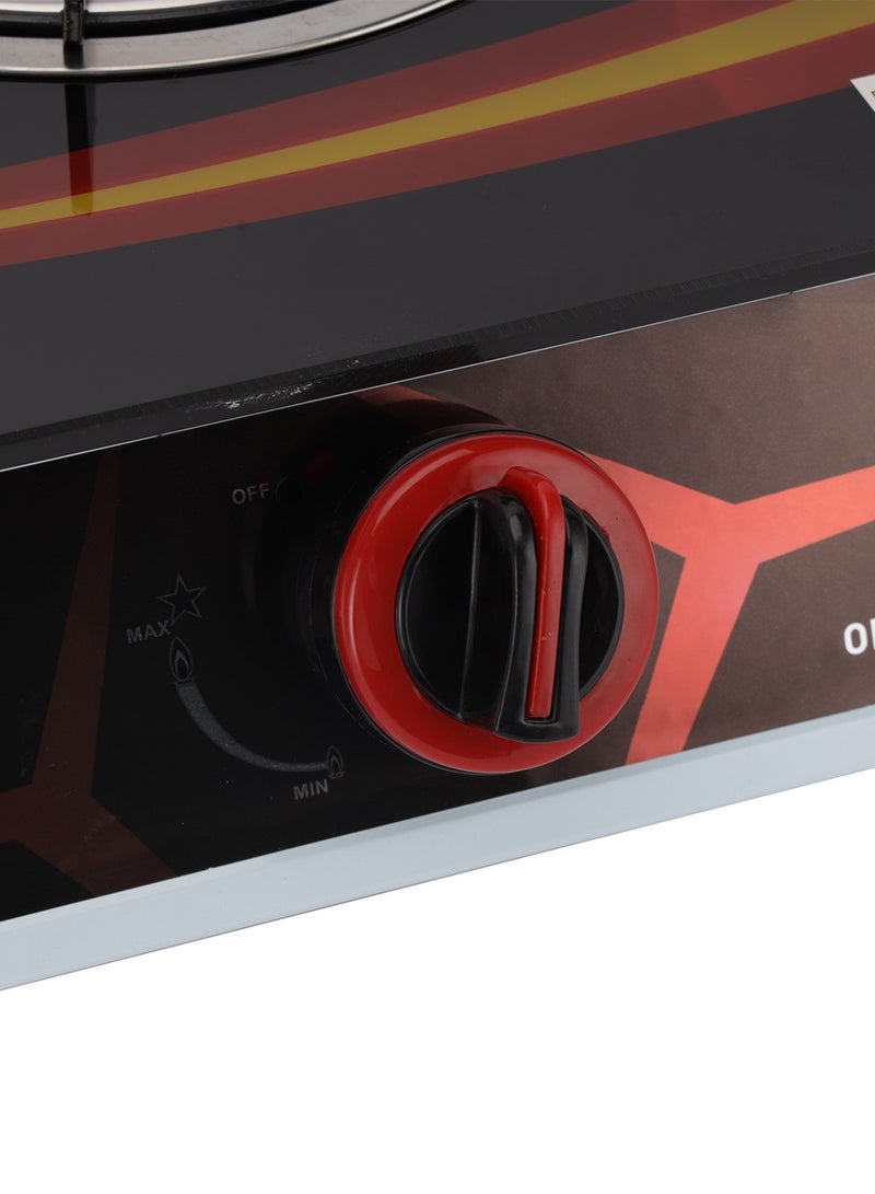 Gas Cooker Tempered Glass Top Panel, Double Burner with Blue Flame, Stainless Steel Water Tray, Low Energy Consumption and Automatic Ignition System OMK7021 Black