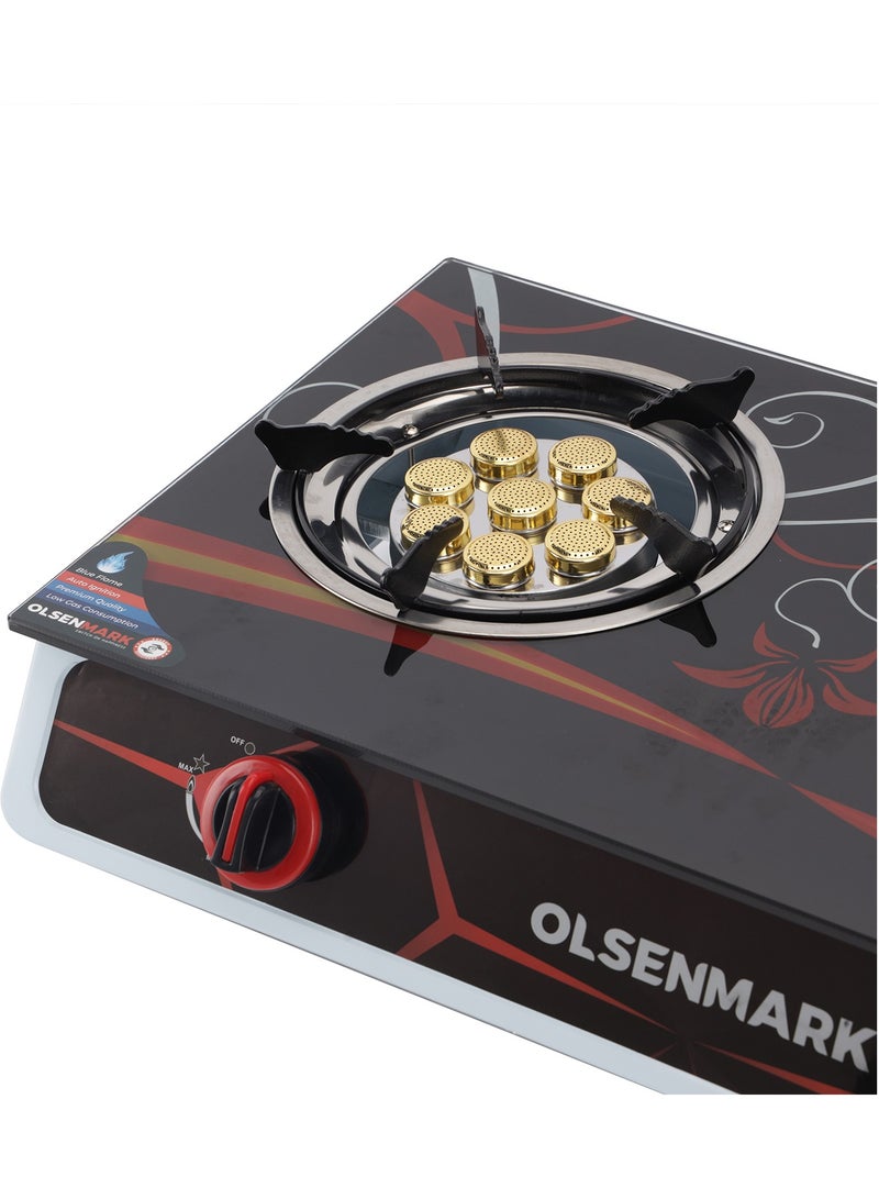 Gas Cooker Tempered Glass Top Panel, Double Burner with Blue Flame, Stainless Steel Water Tray, Low Energy Consumption and Automatic Ignition System OMK7021 Black