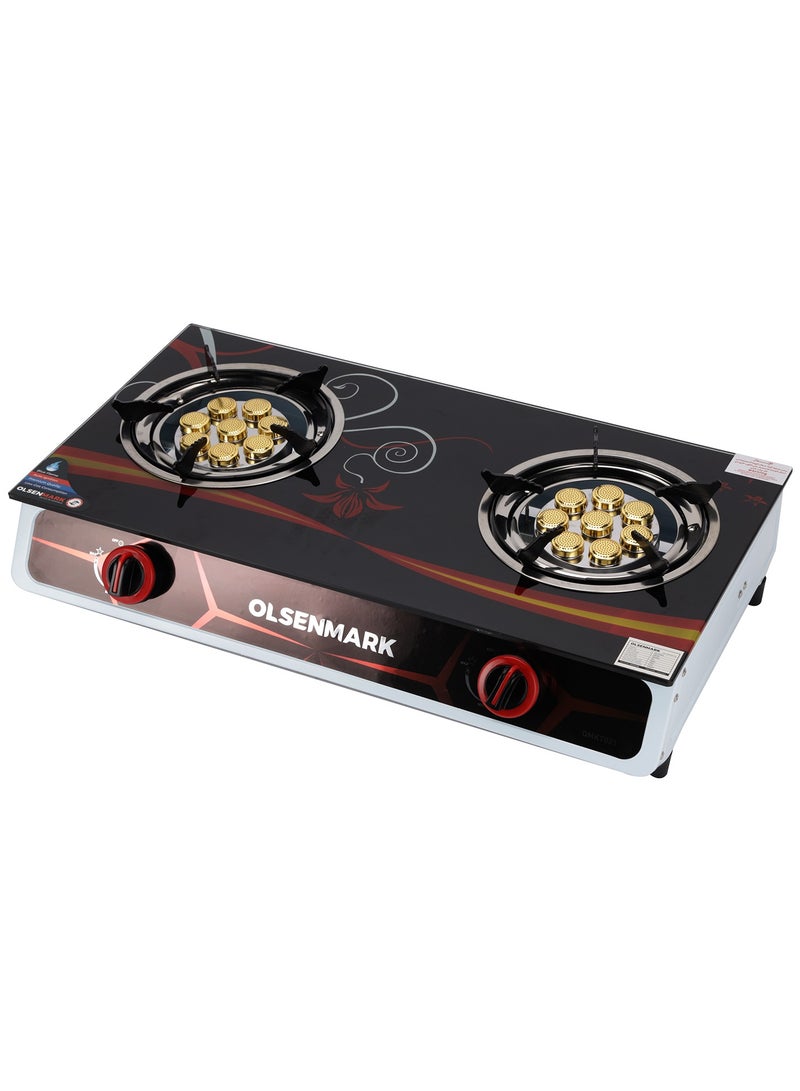 Gas Cooker Tempered Glass Top Panel, Double Burner with Blue Flame, Stainless Steel Water Tray, Low Energy Consumption and Automatic Ignition System OMK7021 Black