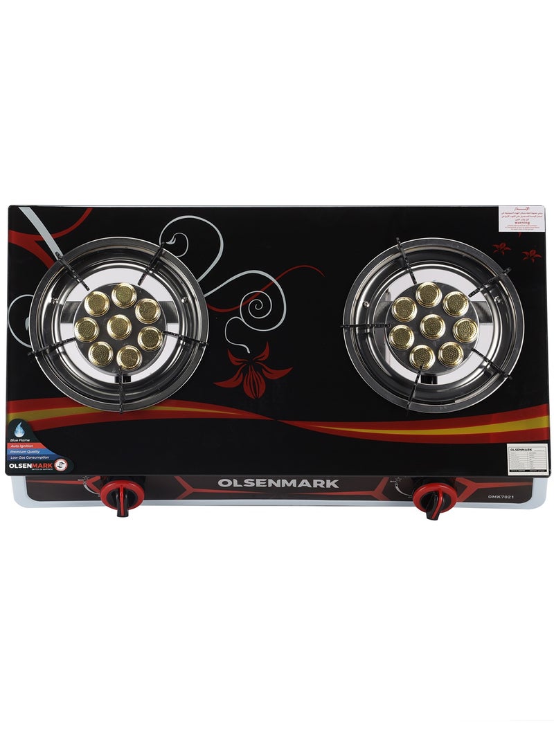 Gas Cooker Tempered Glass Top Panel, Double Burner with Blue Flame, Stainless Steel Water Tray, Low Energy Consumption and Automatic Ignition System OMK7021 Black