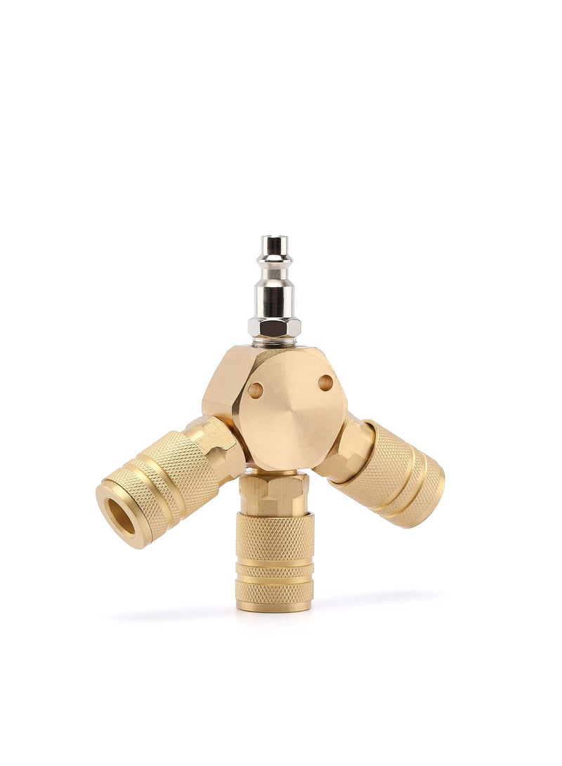 Air Splitter, 1/4 Inch NPT 3-Way Air Manifold with 3 Pieces Brass Industrial Quick Couplers Hex Style 3 Quick Brass Coupler and 1/4 Inch MPNT Plug Brass Hose Barb Tee, 3-Way Tee Hose Fitting