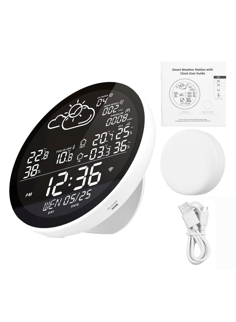 WiFi Smart Weather Station with Clock, Wireless Indoor Outdoor Thermometer Hygrometer Large Color Screen Display, Weather Forecast Clock for Home, Office, Hall, School, Restaurant (with 3 Sensor)