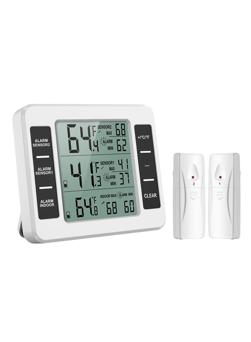 Fridge Thermometer, Digital Freezer Thermometer with Indoor Temperature Monitor and 2 Wireless Sensors, Refrigerator 3 Audible Alarm, Min/Max Record for Home, Restaurants