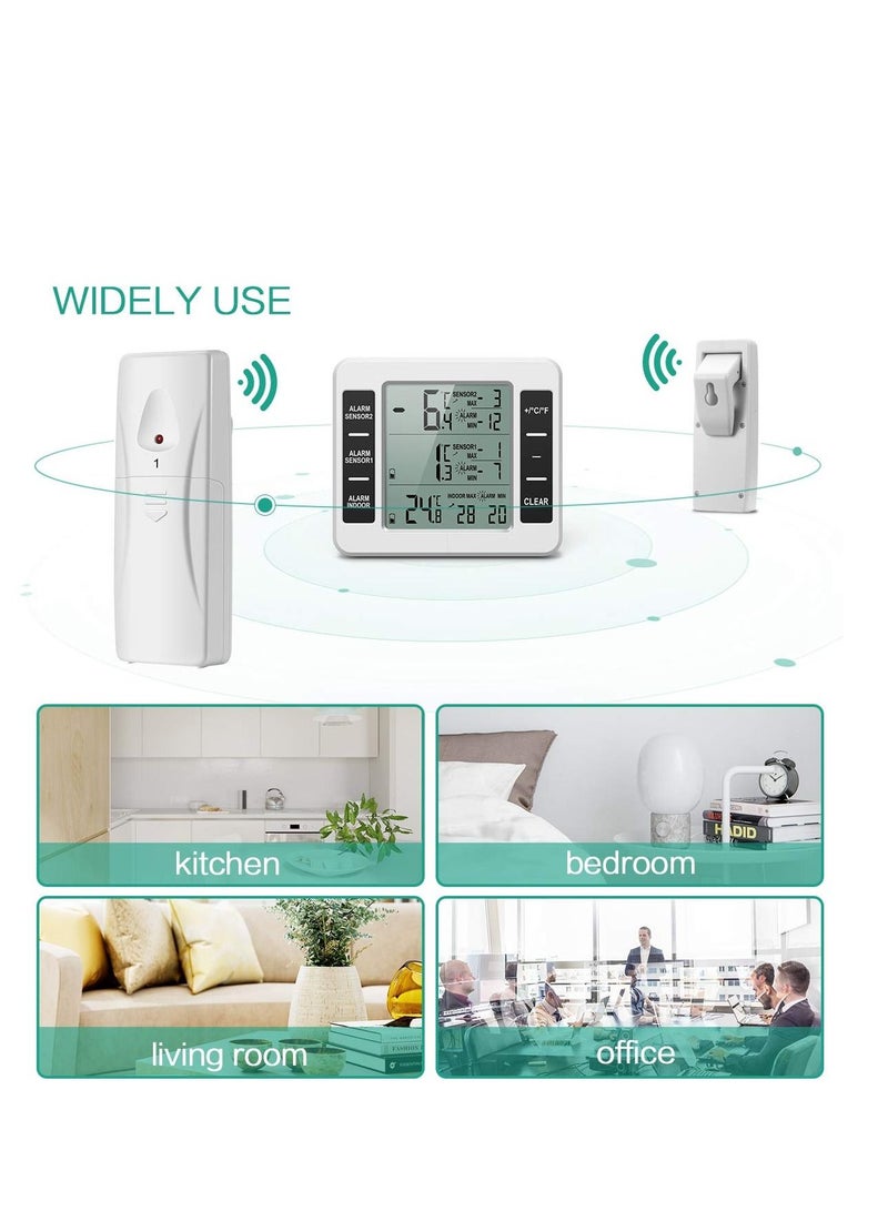 Fridge Thermometer, Digital Freezer Thermometer with Indoor Temperature Monitor and 2 Wireless Sensors, Refrigerator 3 Audible Alarm, Min/Max Record for Home, Restaurants